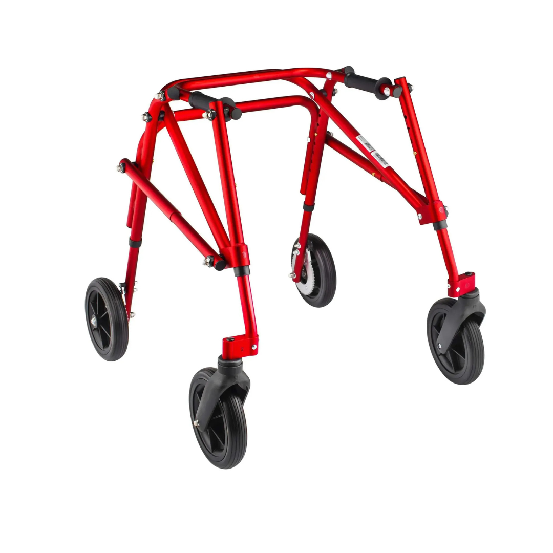 The Circle Specialty Klip Pediatric Posterior Walker is a red, lightweight, four-wheeled mobility device with a foldable frame, no seat or handlebars, designed to support children with special needs.